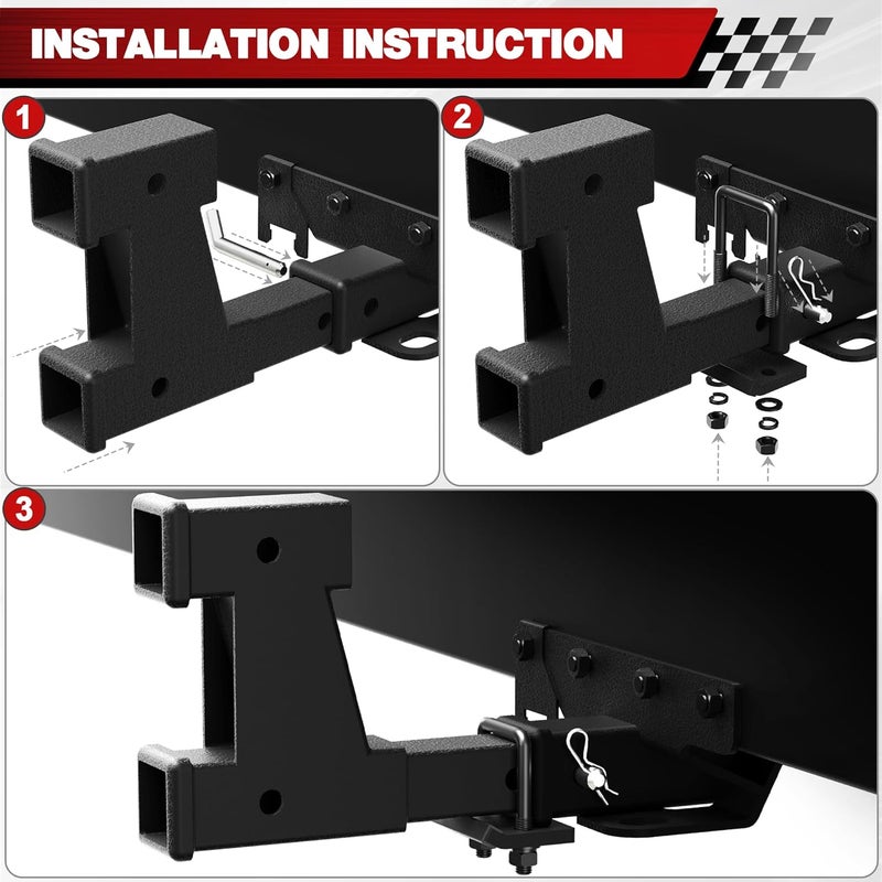longsen 2 Inch Hitch Extension - Dual Receiver for Trailer & Bike Rack, Adjustable Length 7.3-9.3 Inches, Includes Pin, Clip & Anti-Rattle Kit, 5000lbs - Image 3